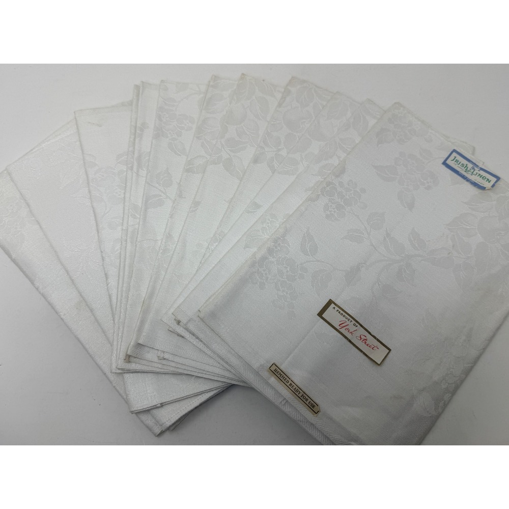 York Street Irish Linen Napkins Set 11 White Floral Damask Made in Ireland 22in
